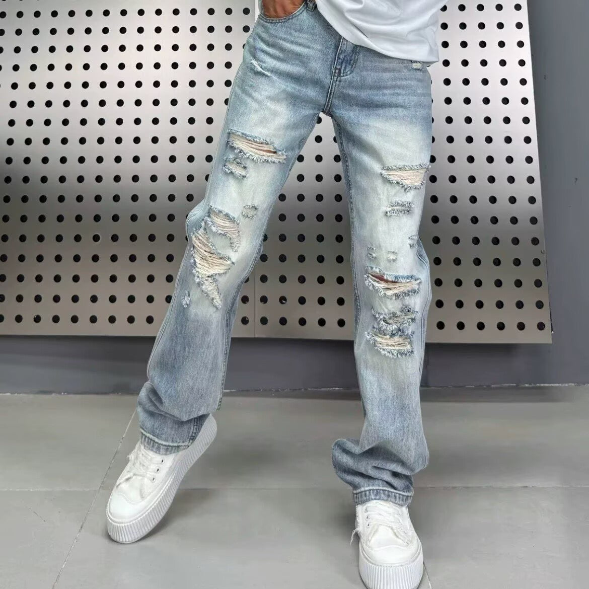 Fumei Personalized Perforated Design Denim Casual Versatile High Street Straight Leg Pants
