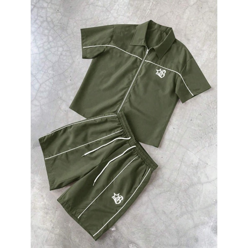 Striped Zip-front Short-sleeve Shirt And Shorts Set