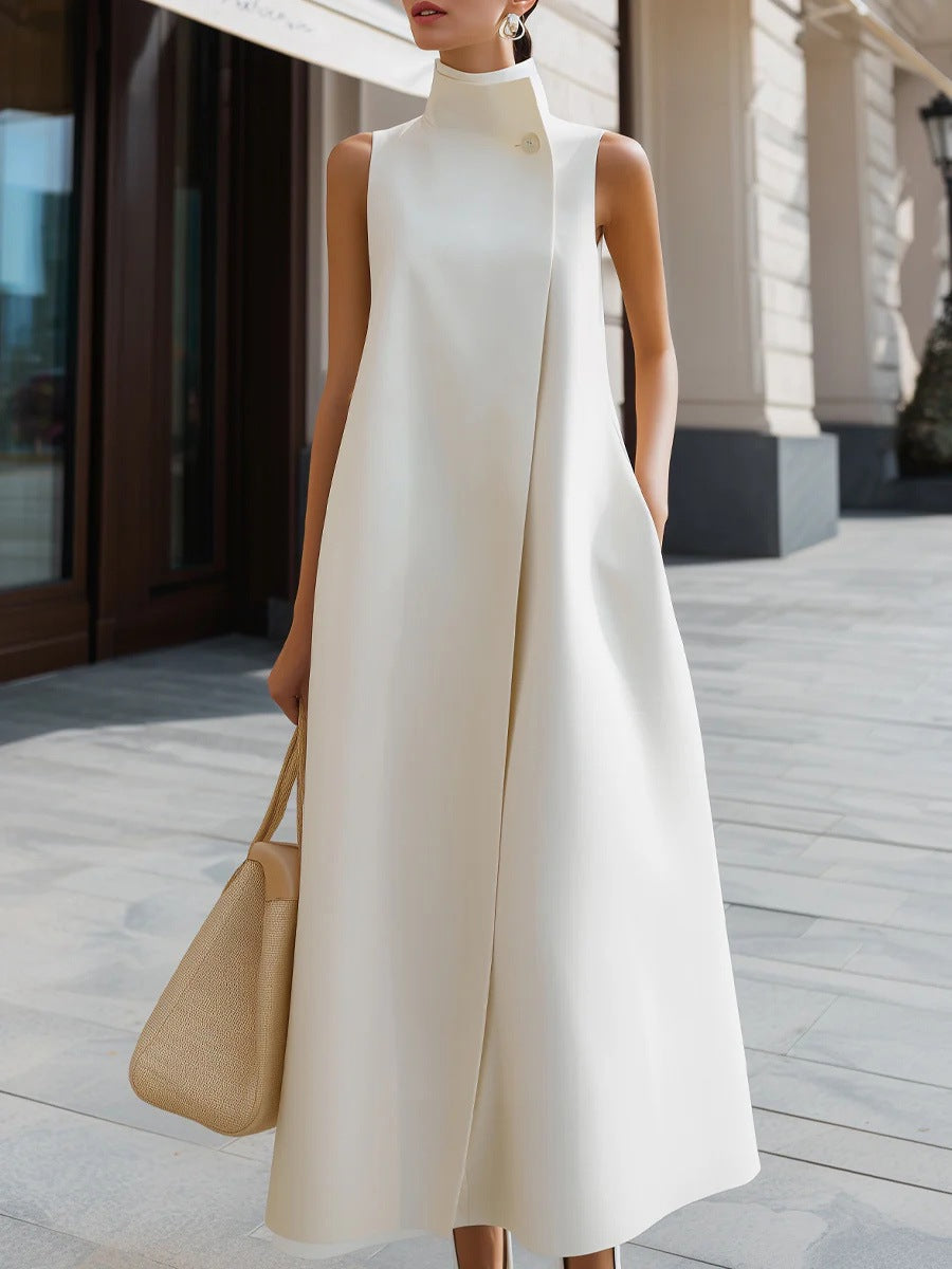 Elegant Sleeveless Long Dress – Stand Collar Office & Casual Dress