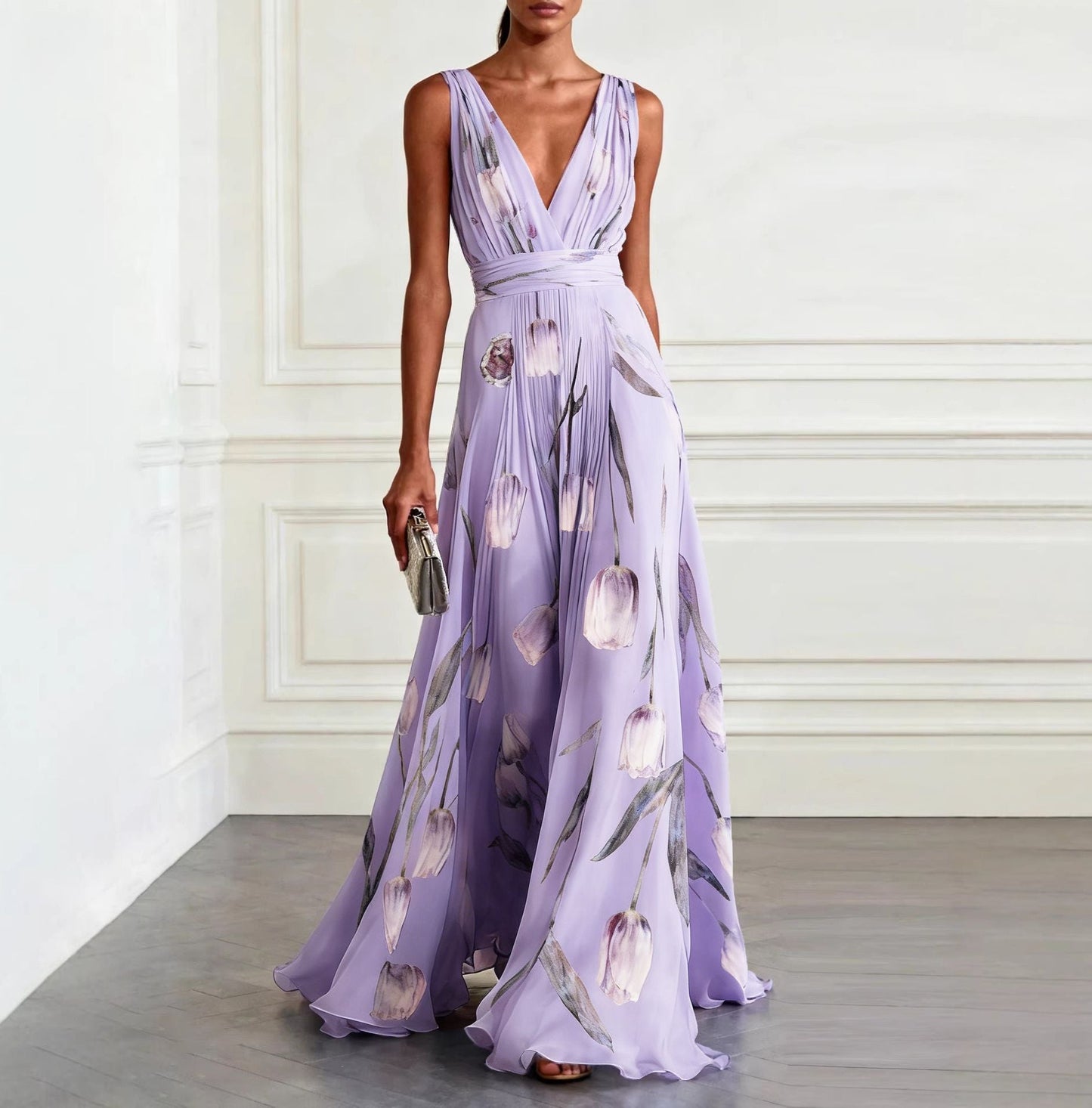 Women's Tulip Print Sleeveless Deep V-Neck A-Line Maxi Dress – 7 Colors