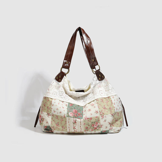 Womens Cotton Floral Patchwork Hollow-Out Shoulder Bag