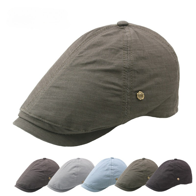 Plaid Men's Flat Cap Retro W Copper Button Beret