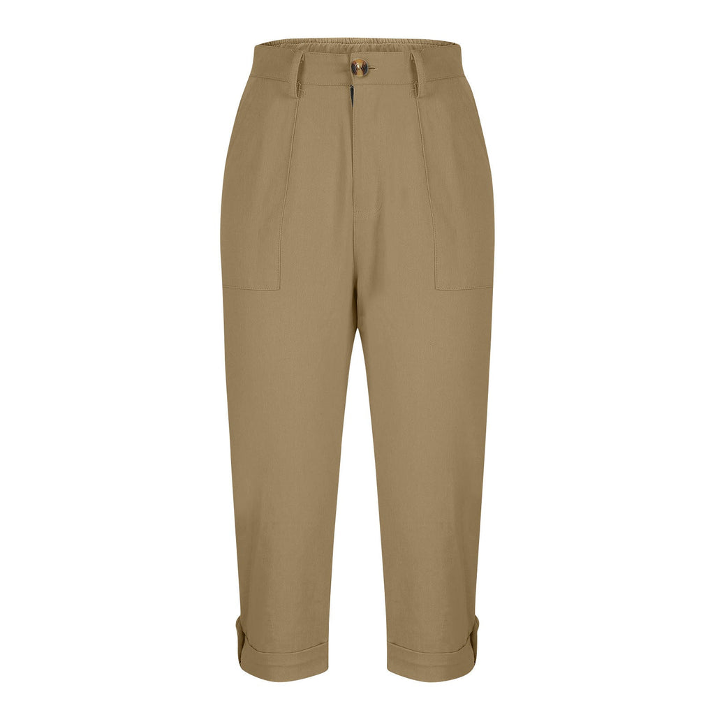 Cross-border Women's Solid Color Workwear Pants Waist Button Pants Ear Design Pants Leg Curled Women's Cropped Pants