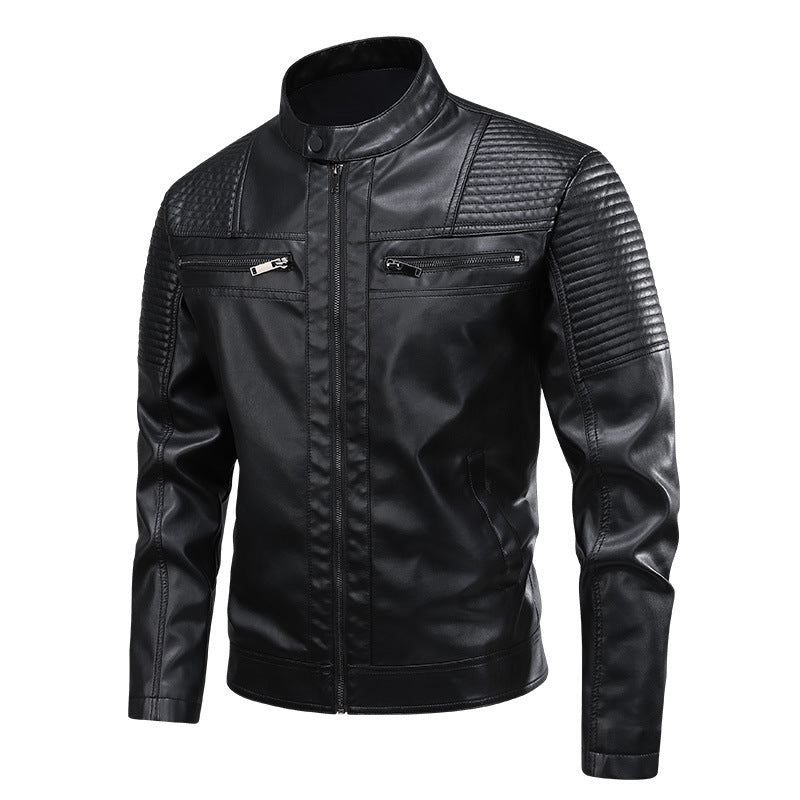 Mens Stand-Up Collar Leather Jacket Slim-Fit Leather Biker Coat For Men