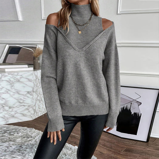 Women’s Elegant Off-Shoulder Turtleneck Sweater — Long Sleeve Knit Top