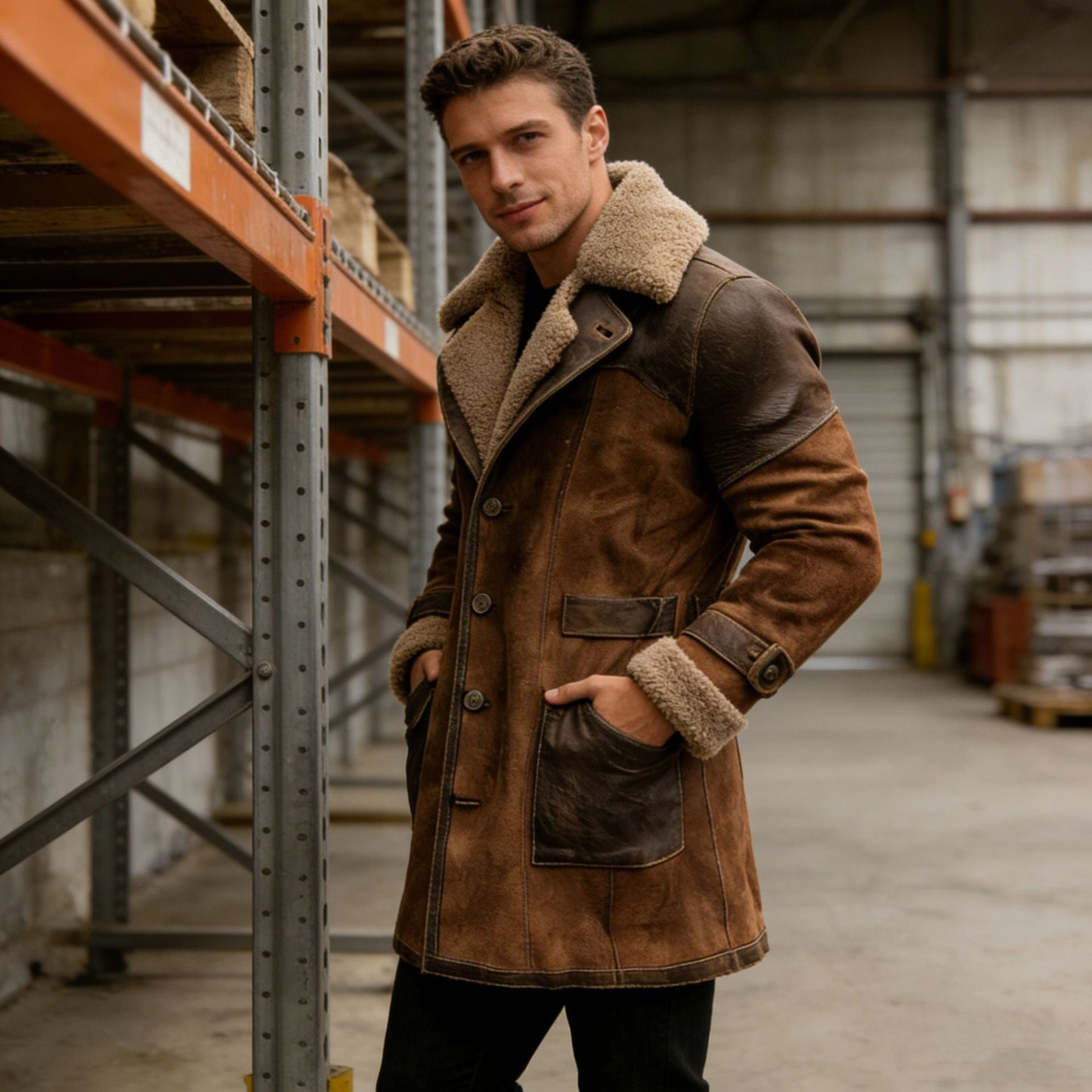 Mens Retro Patchwork Suede Coat, Long Style For Fall And Winter