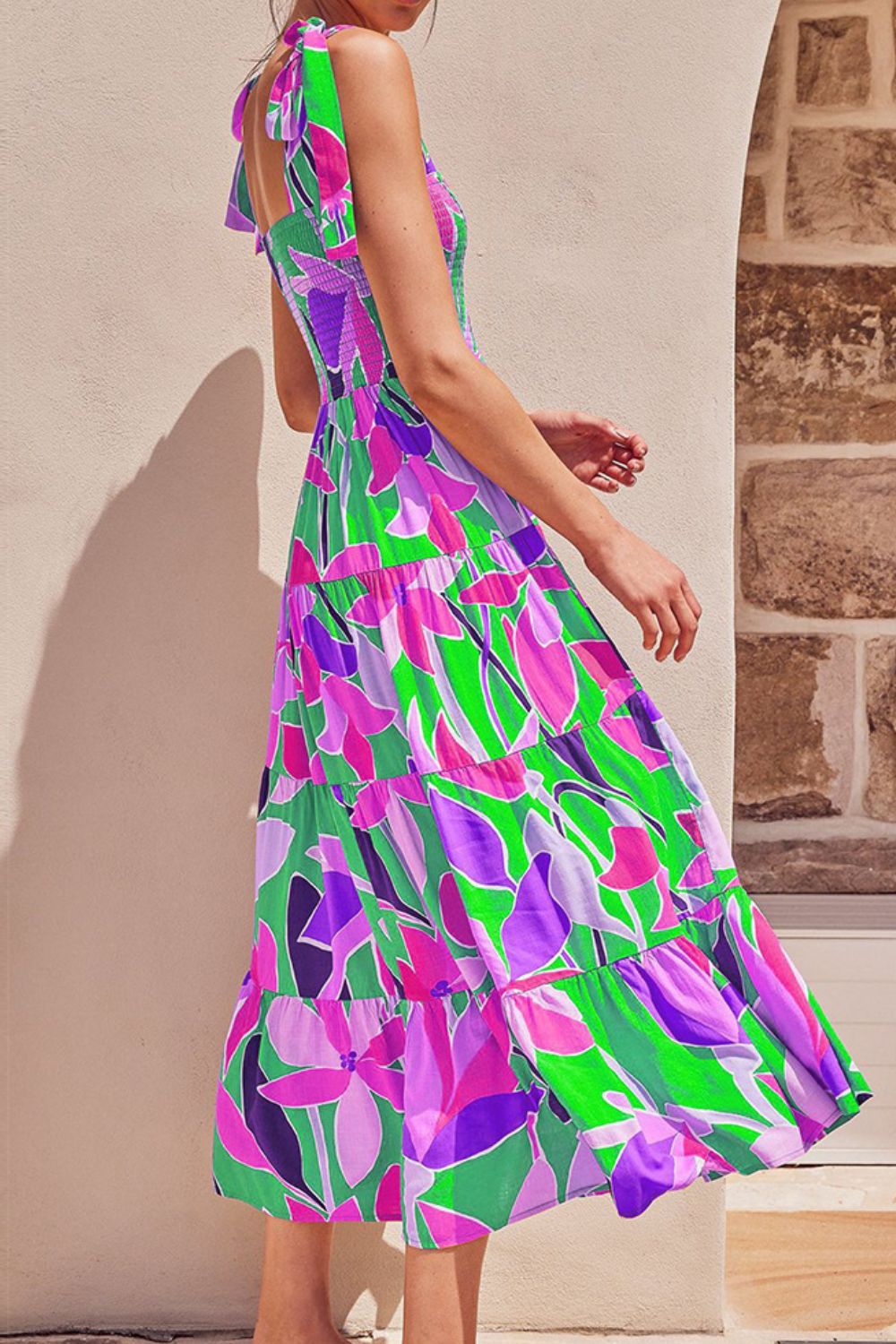 Long Floral Tie-Shoulder Smocked Midi Dress Perfect For Vacation & Summer Days