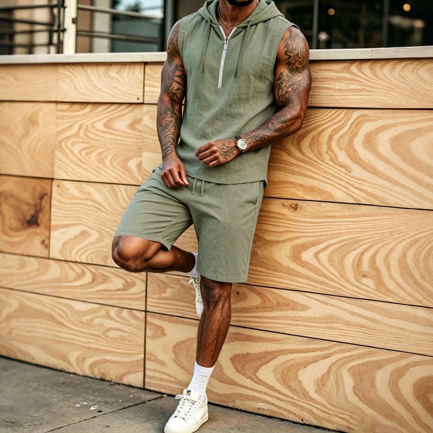 Mens Summer Loose Casual Hooded ZipUp Sleeveless Set