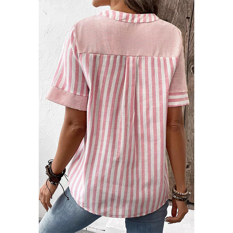 Womens Plus-Size Asymmetrical Striped Patchwork Cotton-Linen Top