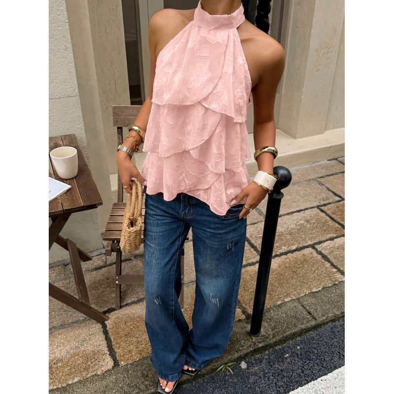 Elegant Solid-color Halter Top With Ruffled Trim For Women