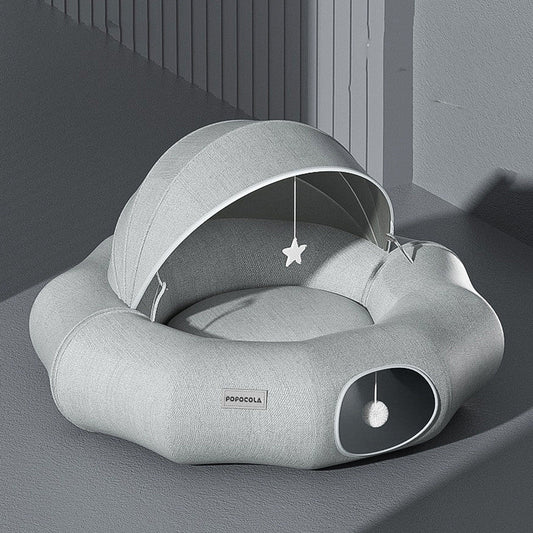 Round Cat Tunnel Nest Bed With Partial Cover And Summer Mat