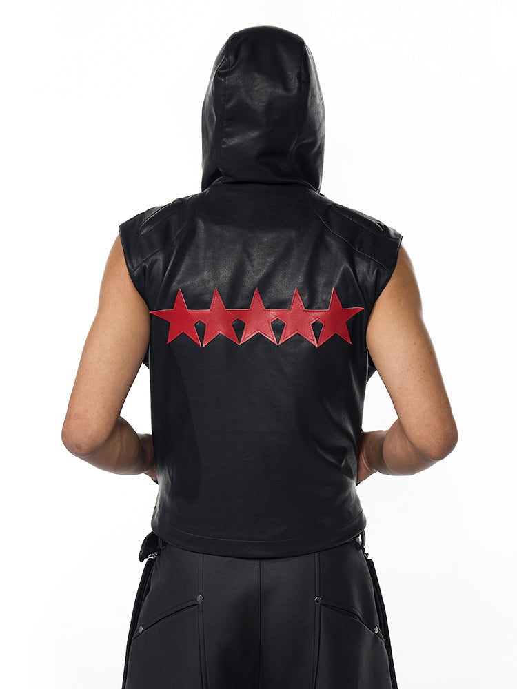 Short Hood Slim Fit Leather Waistcoat Coat Men's Summer Five-pointed Star PU Leather