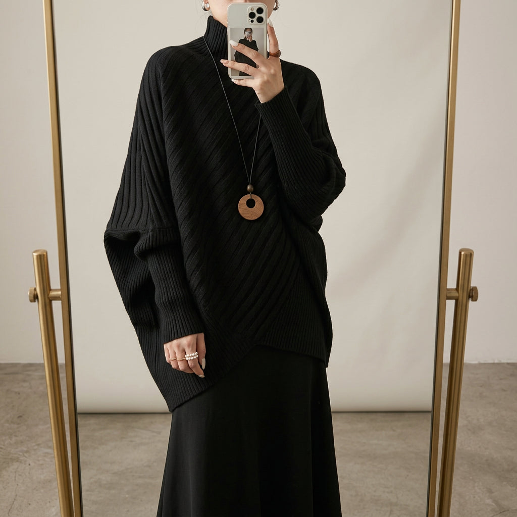 Women's Mock-Neck Batwing Asymmetrical Sweater