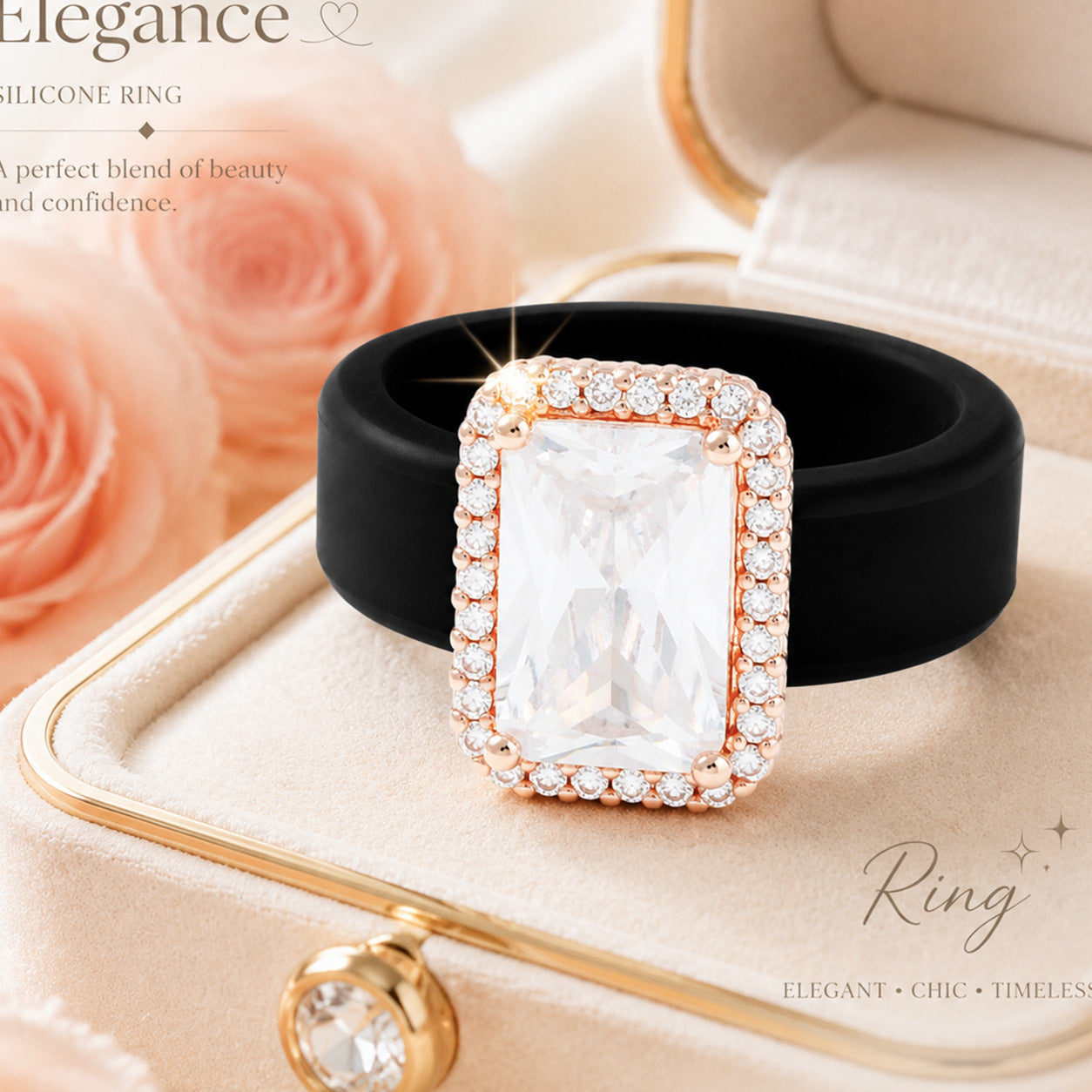 Silicone Inlaid Square Zircon Ring