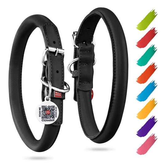 Black Rolled Leather Dog Collar Padded All Sizes 10–13 in Neck