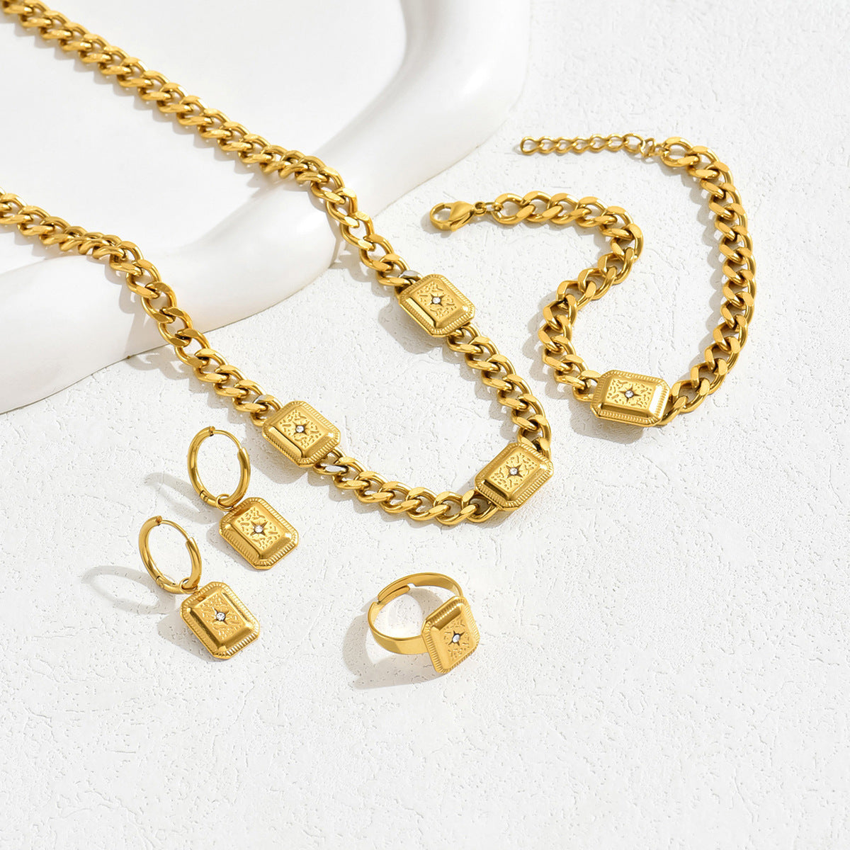 Ins Vintage Court Style Jewelry Set, Geometric Cubic Zirconia Inlaid Bracelet, Ring, Earrings & Versatile Niche Long Necklace For Women