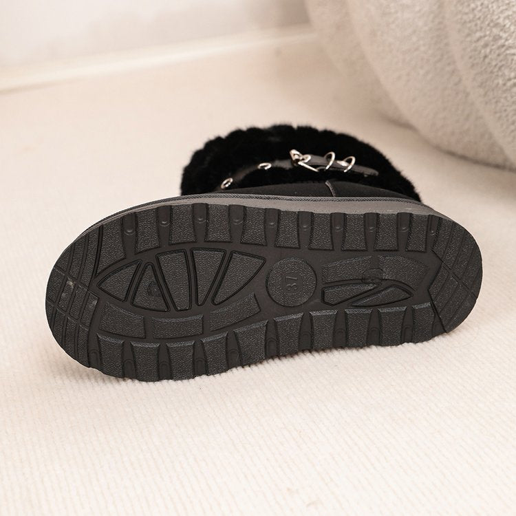 Women's Furry Strap Buckle Retro Warm Snow Boots, New 2025 Winter Platform Fleece Lined Thick Non-Slip Cotton Shoes