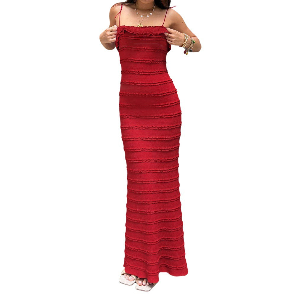 Womens Casual Solid-Color Ruffle-Trimmed Lace Camisole Dress