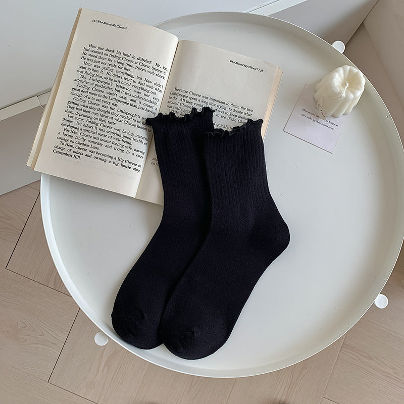 Solid-color Ruffle-trimmed Socks For Women