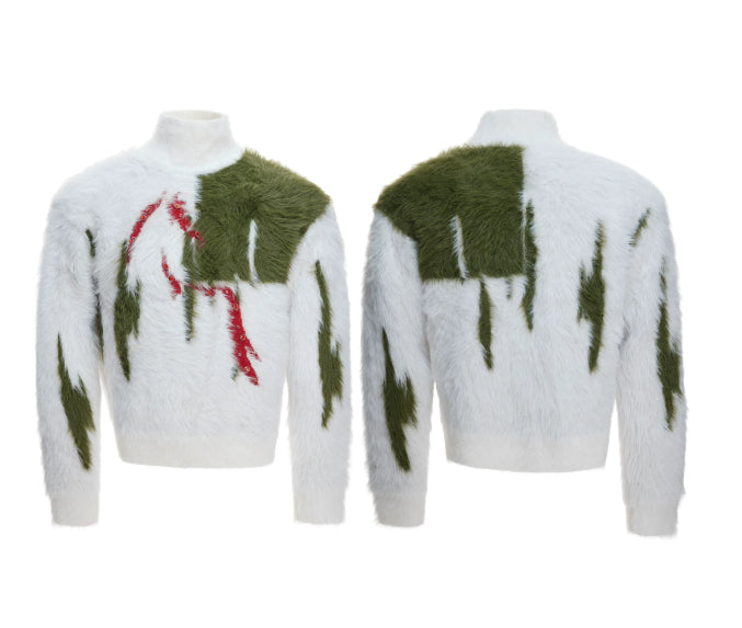 Mink-faux Fur Contrast-color Sweater With Diamond-embellished Horse Totem Knitwear