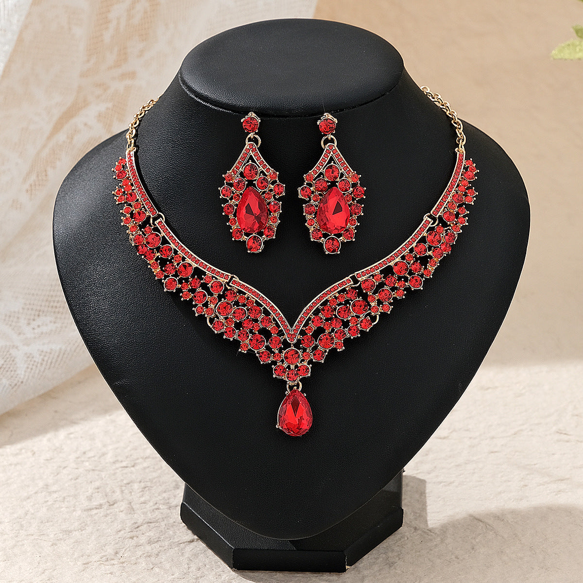 Rhinestone Pearl Earrings And Necklace Set Women