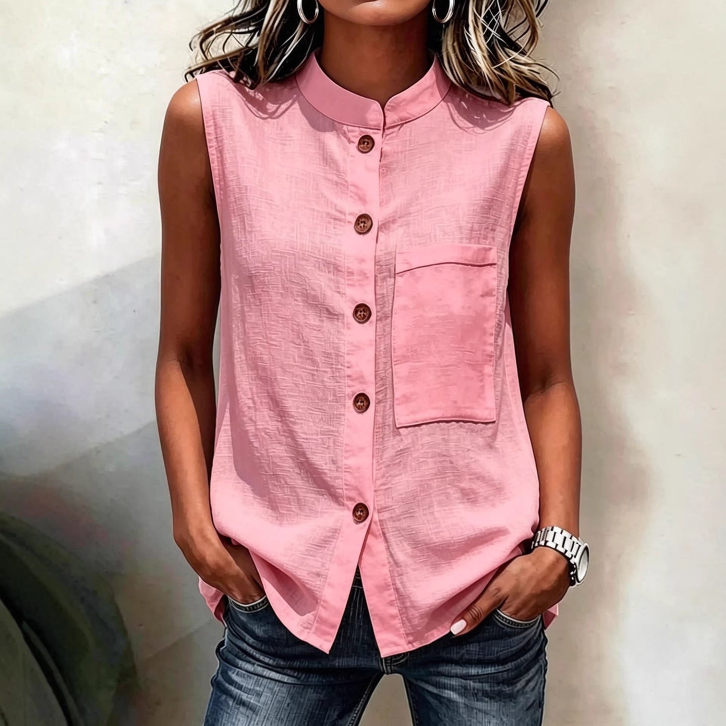 Women's Sleeveless Crop Top with Buttoned Pockets – Solid Color