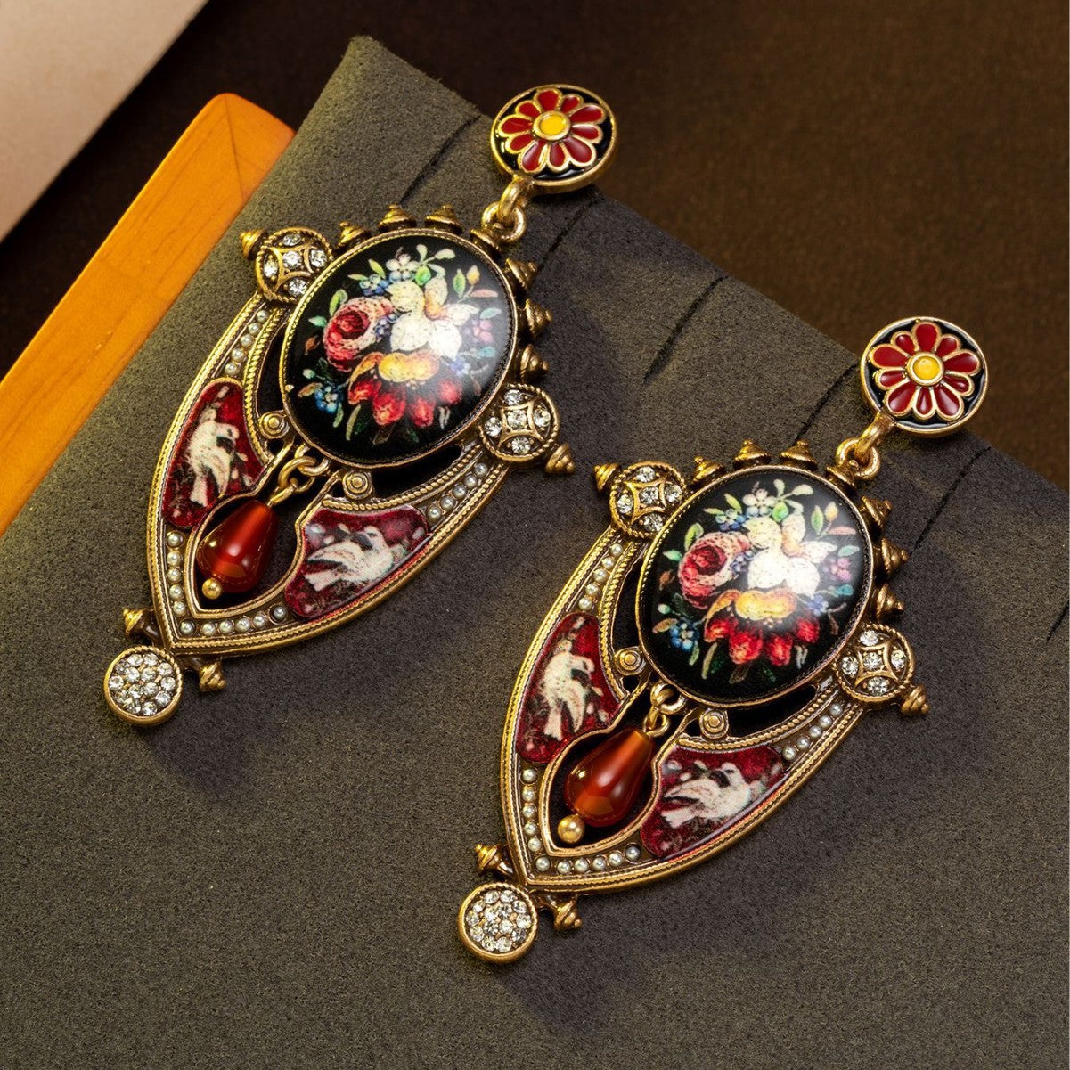 Floral Mural Shield Stud Earrings Regal And Elegant