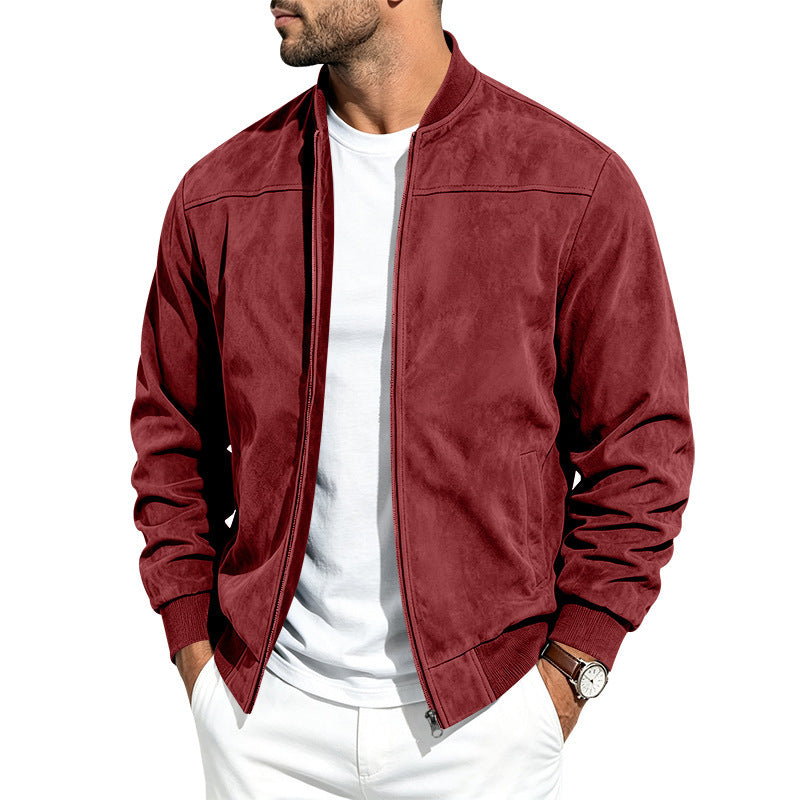 Suede Long Sleeve Zip Up Jacket Men's Casual Outerwear With Full Zip Closure