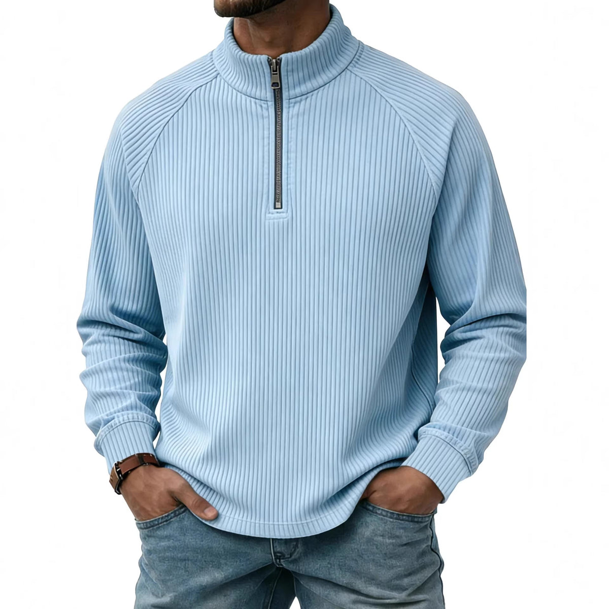 Mens Vertical-Striped Zip-Up Stand-Collar Long-Sleeve Polo Shirt