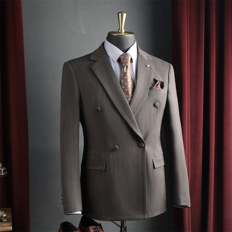 Men Dark Brown Peak Lapel Double Breasted 3 Piece Suit Set