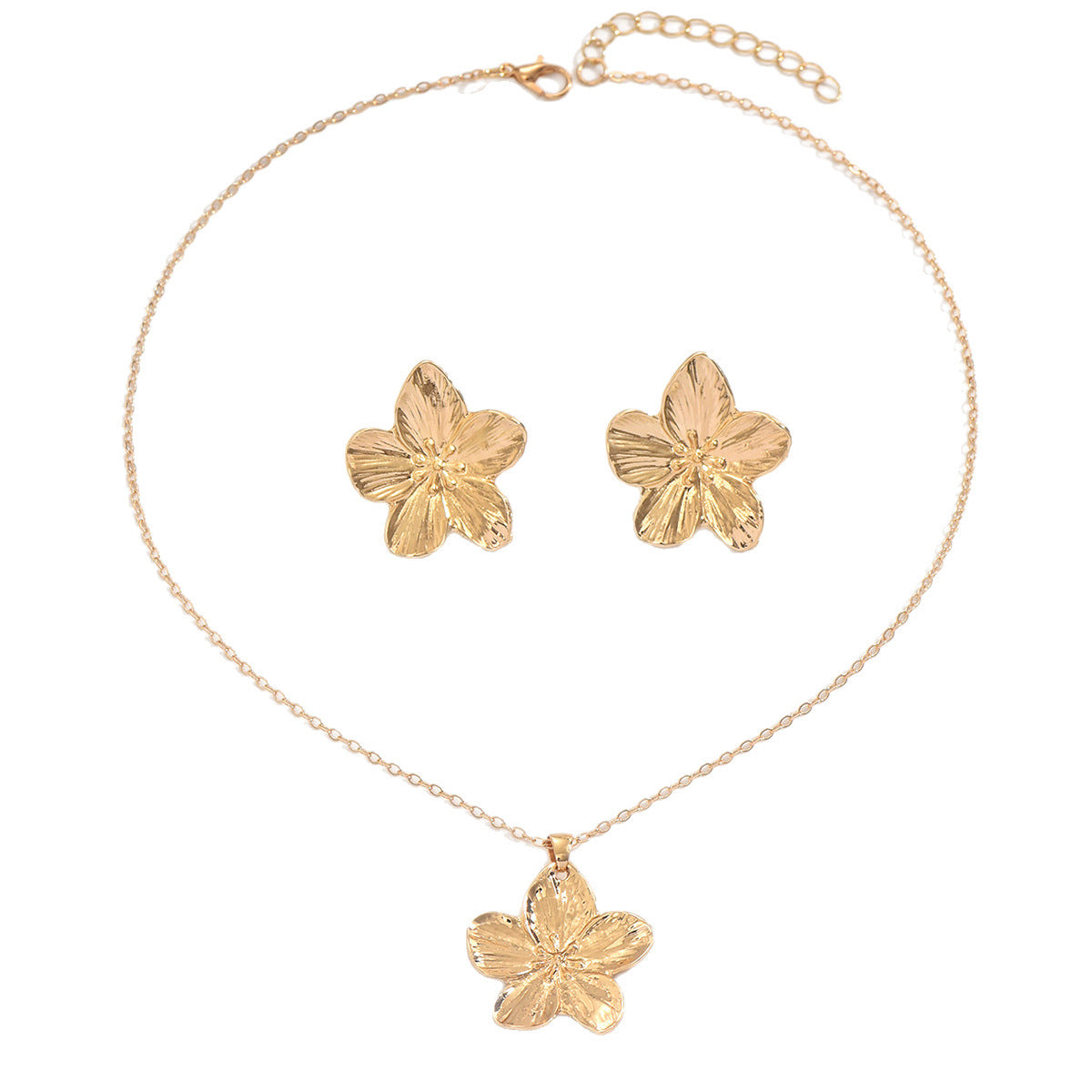 New Arrival Cross-border European American Women Jewelry Set, Geometric Electroplated Metal Floral Design Matching Flower Earrings & Necklace, Versatile Daily Neck Ear Ornaments
