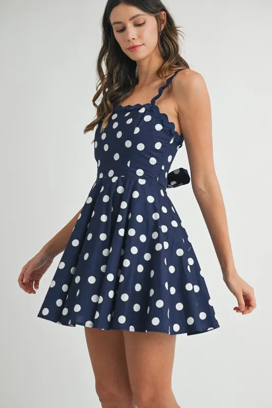 Polka Dot Mini Dress with Ricrac Trim Strap For Women – Playful Polka Dot Design, Unique Ricrac Trim, Fluttering, Chic Mini Dress for Casual or Summer Events