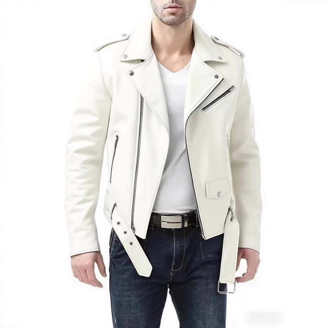Stylish Slim-fit And Handsome Mens PU Leather Jacket With A Zipper