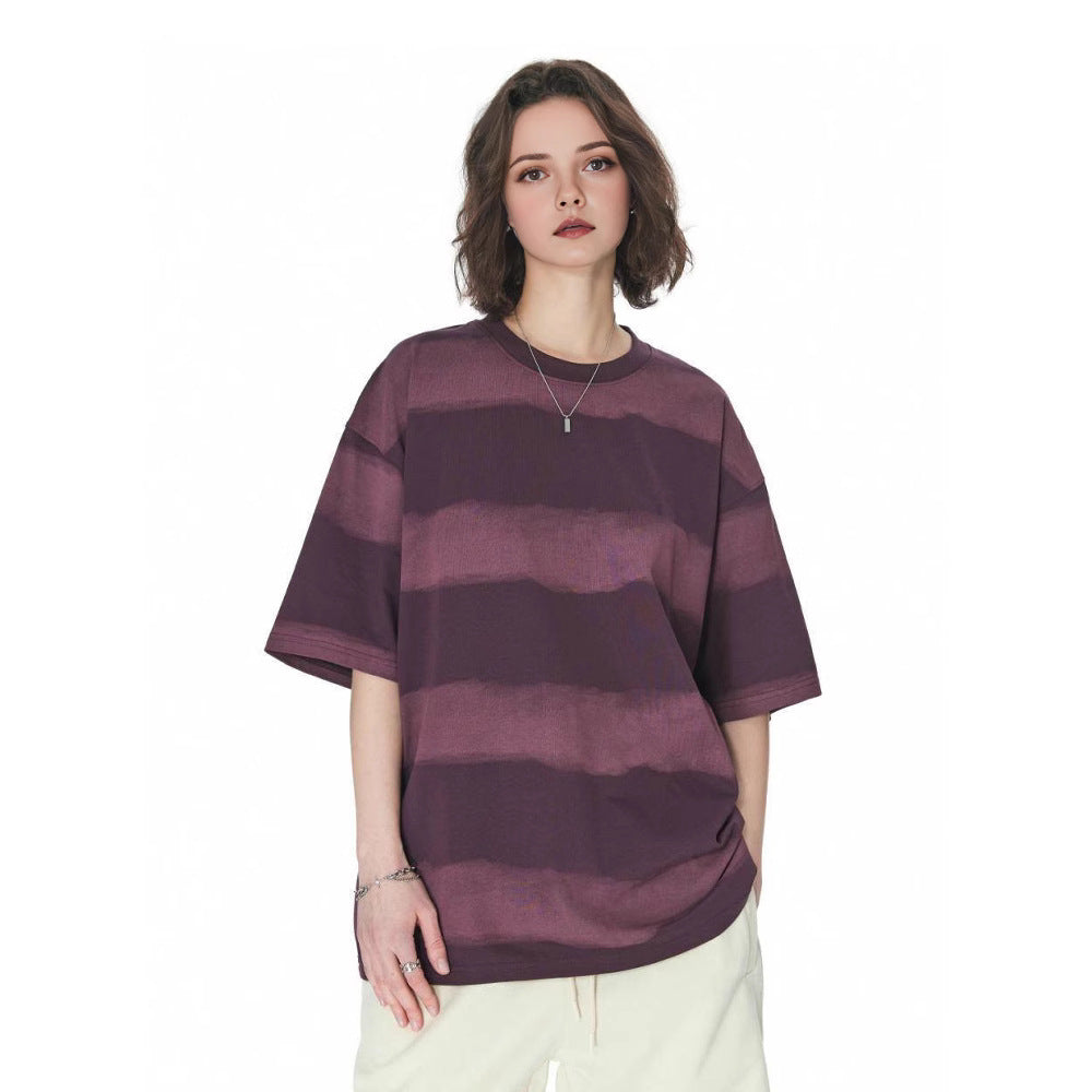 Tie-dye Washed Striped Short-Sleeve Mens Cotton T-Shirt
