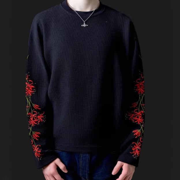 Mens Relaxed-fit Crew-neck Floral-embroidered Long-sleeve Top