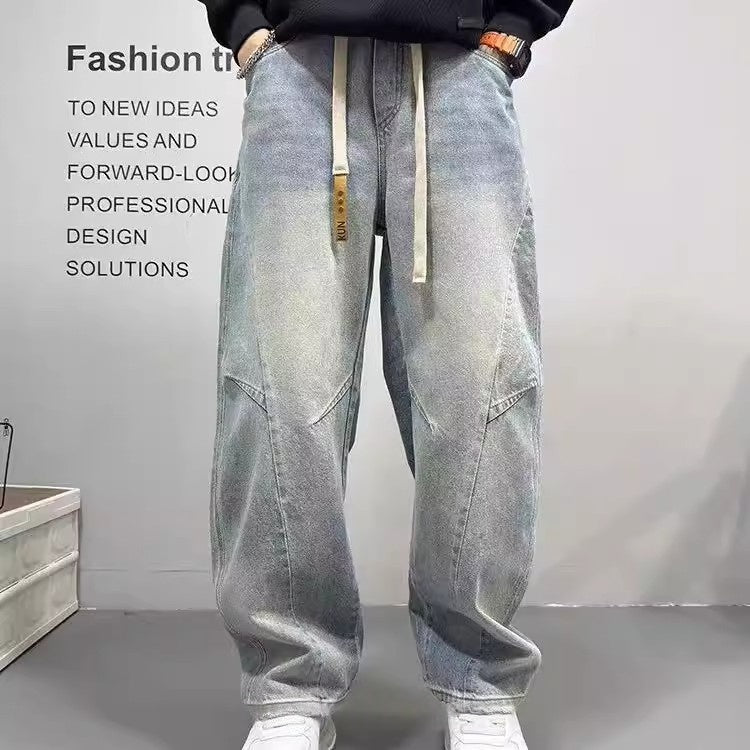 Patchwork Vintage Washed Loose Straight-leg Pants American-style Edgy And Cool Sabre-cut Trousers