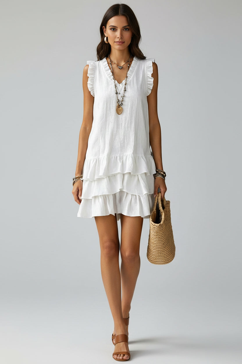 V-Neck Ruffle-Trim Tiered Sleeveless Midi Dress – 4 Colors, S–XXL