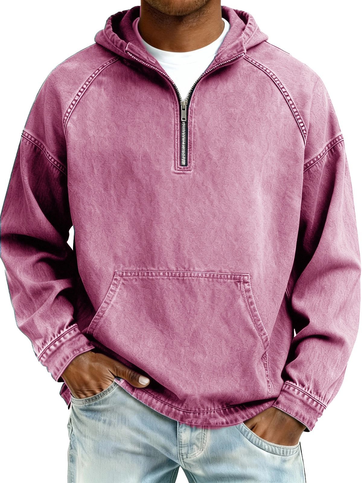 Mens Solid-Color Casual Hooded Zip-Up Sweatshirt