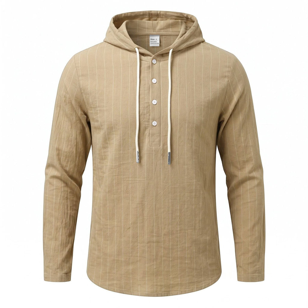 Casual Mens Loose-fit Vertical-striped Hooded Long-sleeve Shirt