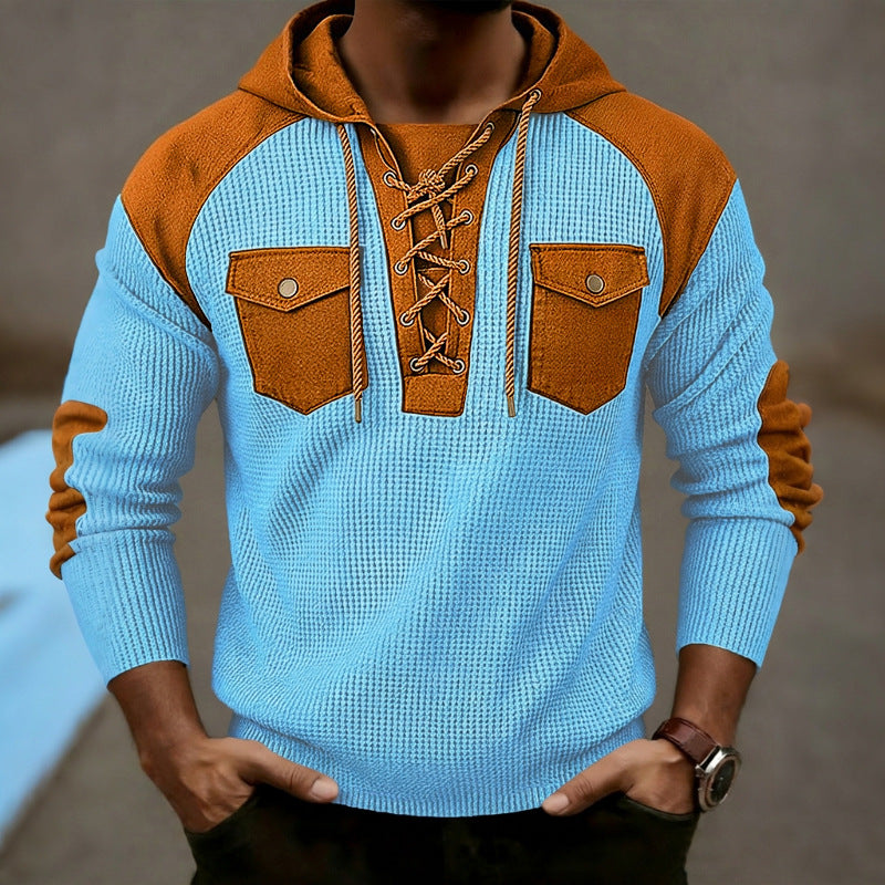 Mens Waffle-Weave Hooded Long-Sleeve Sweatshirt