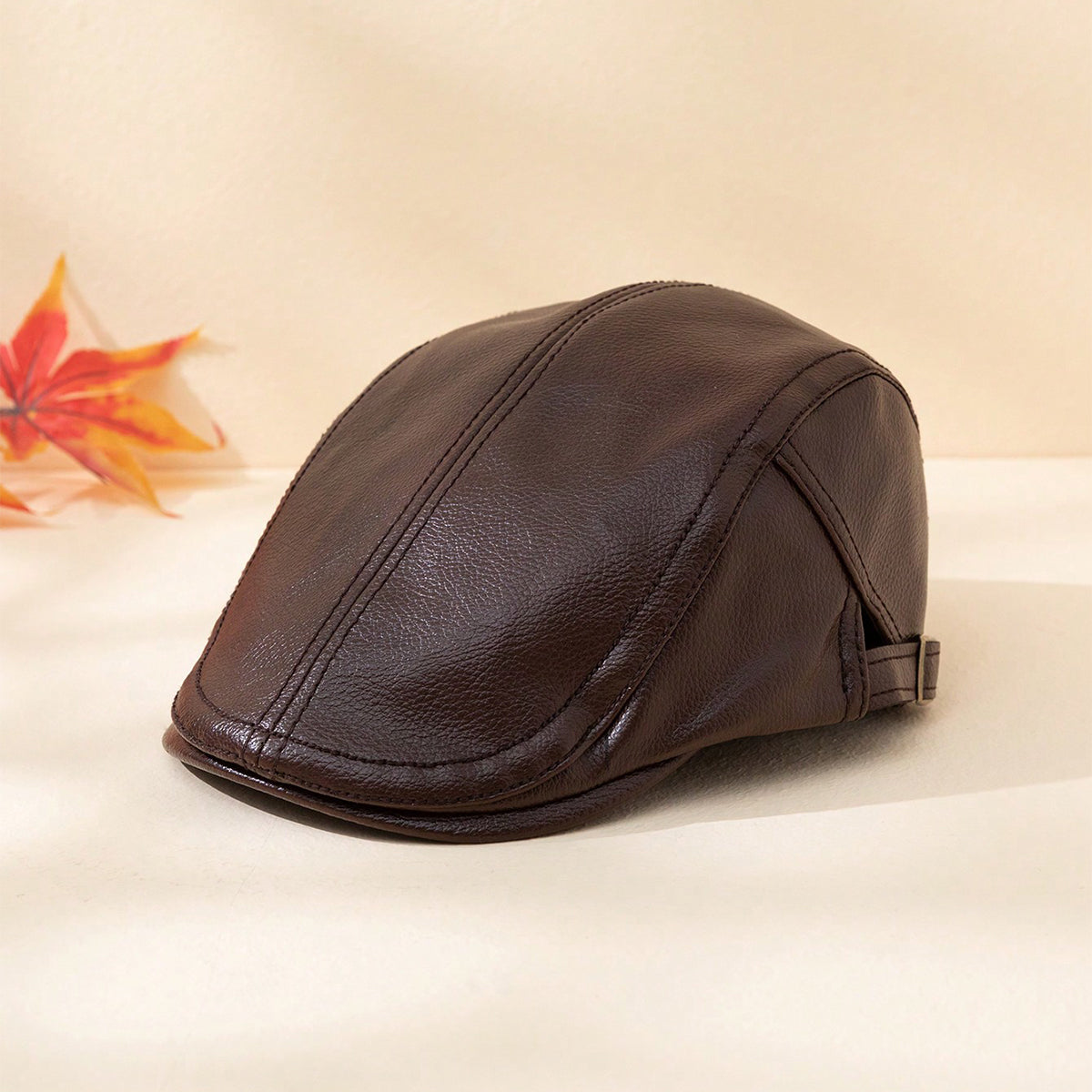 Men's Solid Color PU Leather Warm And Windproof Adjustable Retro Forward Hat Suitable For Outdoor Outings And Daily Clothing Combinations