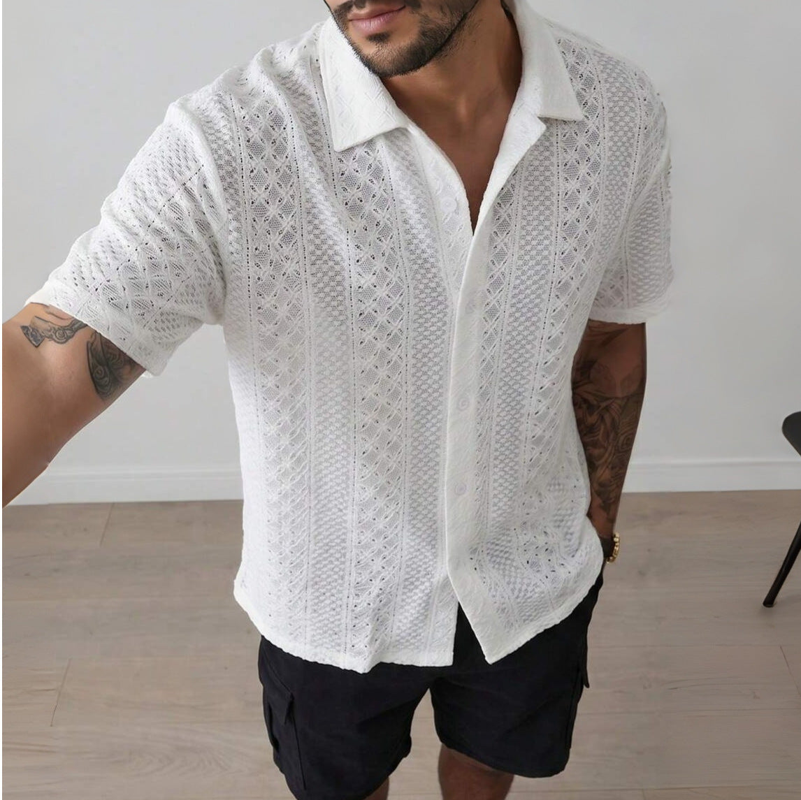 Old Money Style Cuban Collar Hollow Out Knitted Short Sleeve Shirt