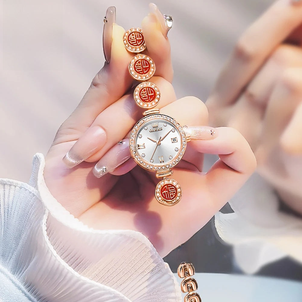 Montre à Quartz Élégante pour Femme, Bracelet Cadran Rouge Étanche