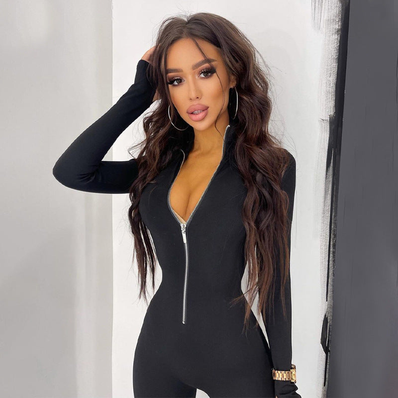 Women's Long Sleeve Jumpsuit With Long Metal Zipper For Autumn And Winter