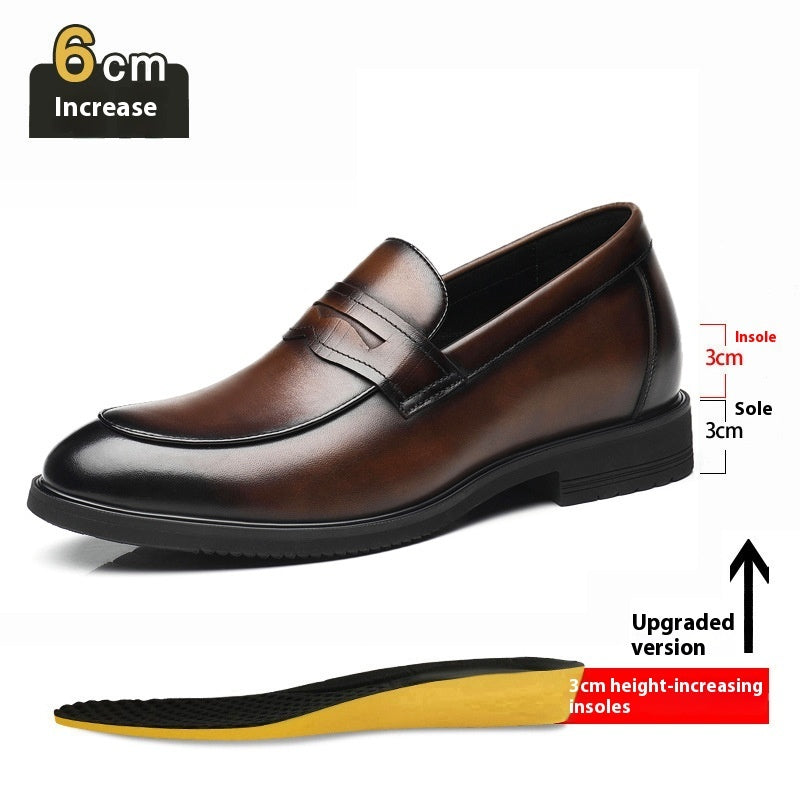 Cowhide Business Formal Wear Men's Slip-on Invisible Height Increasing Leather Shoes