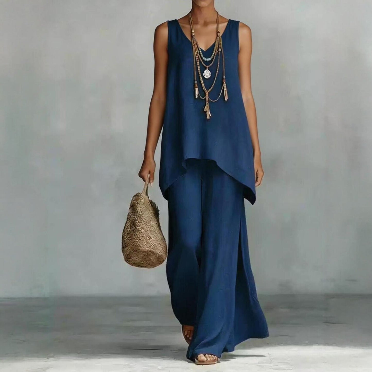 Women's Bohemian Wide-Leg Pants & V-Neck Vest Set – 3D Print
