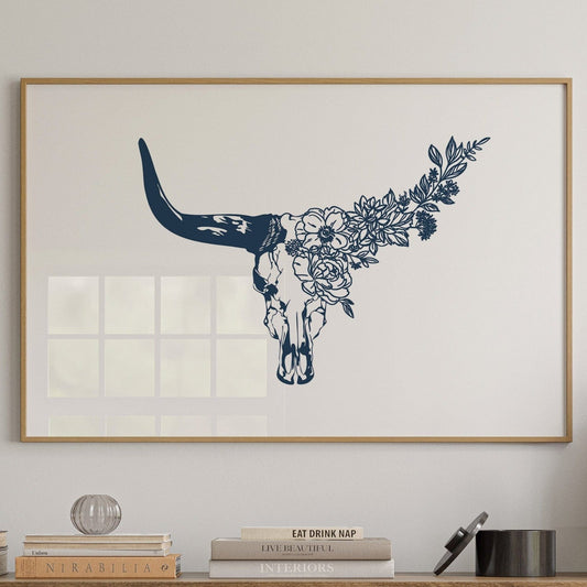 Décoration murale Tête de vache Longhorn fleurie – Impression de crâne de vache style bohème western