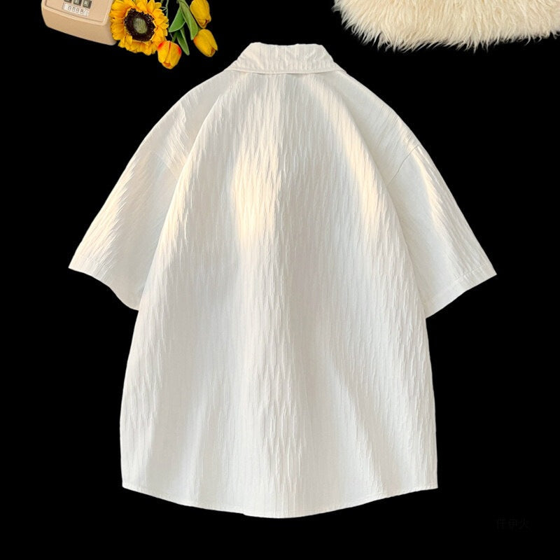 Textured Striped White Ice Silk Short Sleeve