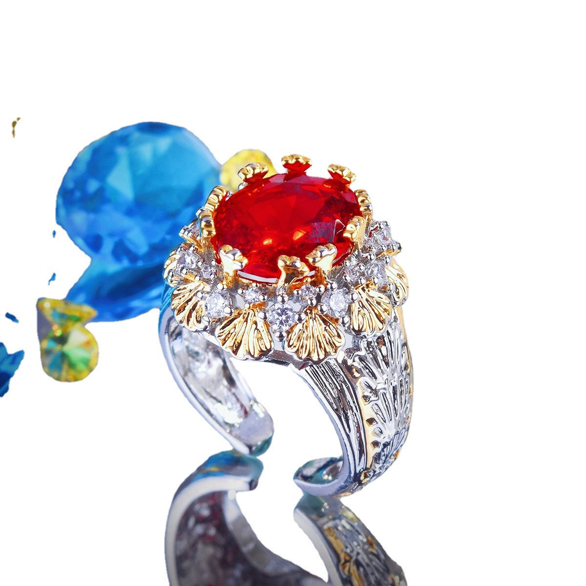 Vintage Two Tone Floral Prong Adjustable Open Ring For Women, Square Cut Scarlet Tone Simulated Zirconia Full Micro Pave Rhinestone Light Luxury Party Statement Finger Jewelry