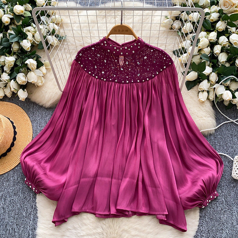 Womens Loose, Casual Rhinestone-embellished Lantern-sleeve Tassel Mesh Top